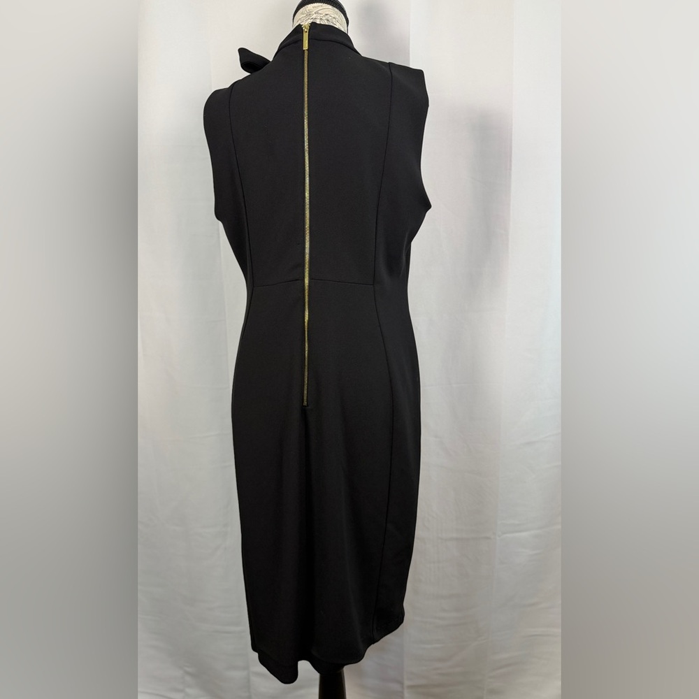 Calvin Klein Black Midi Dress with Bow Tie at Neckline Backside Zip Up Size 12 - Picture 6 of 15